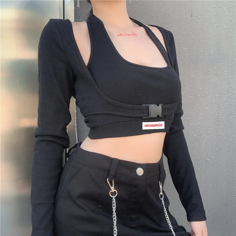 2020 Women's Solid Color Long-sleeved Top, Fake Two-piece Short Vest + Button Sleeves, Girl Dance T-shirt High Street Clothing