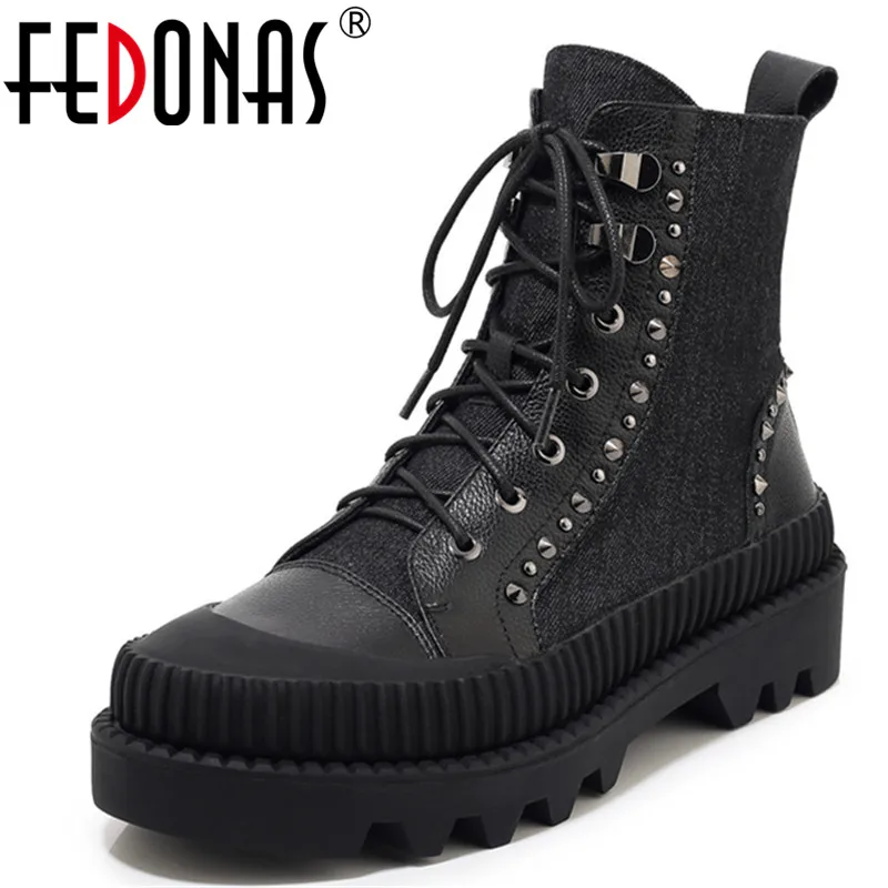 

FEDONAS Women Patchwork Ankle Boots Fashion Short Boots Genuine Leather Denim Chelsea Boots Winter Office Party Shoes Woman