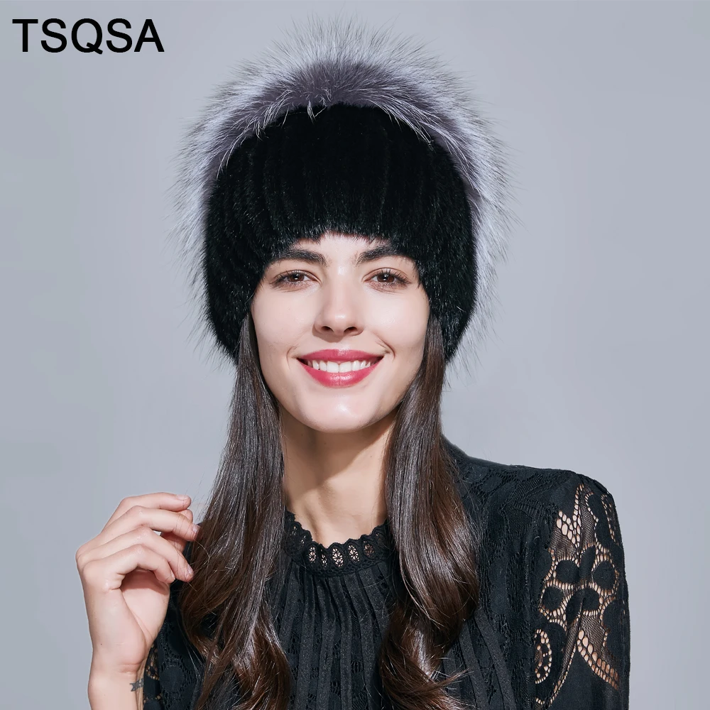 TSQSA 2019 новая зимняя теплая настоящая норковая шапка бини модная женская из