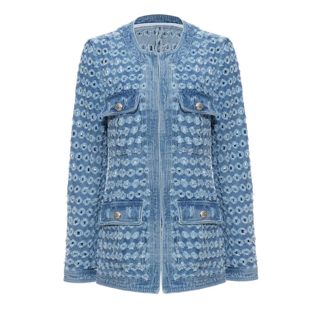 HarleyFashion Luxury Design Casual Women Denim Jacket Hidden Buttons Hole High Street Quality Coat with Slash