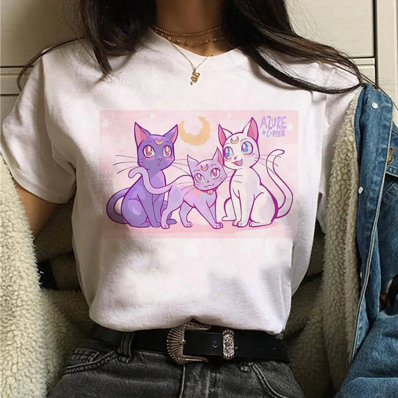 Сейлор Мун футболка Милая женская кошка harajuku ulzzang 90s футболка гранж каваи корейский стиль графическая футболка Женские футболки с принтом