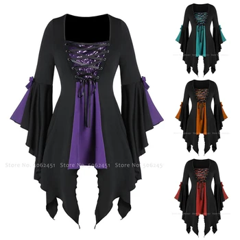 

Medieval Court Noble Lace Up Bow Top Halloween Witch Queen Elf Ruffle Cosplay Costume Women Party Sexy Blouse Stage Dance Outfit