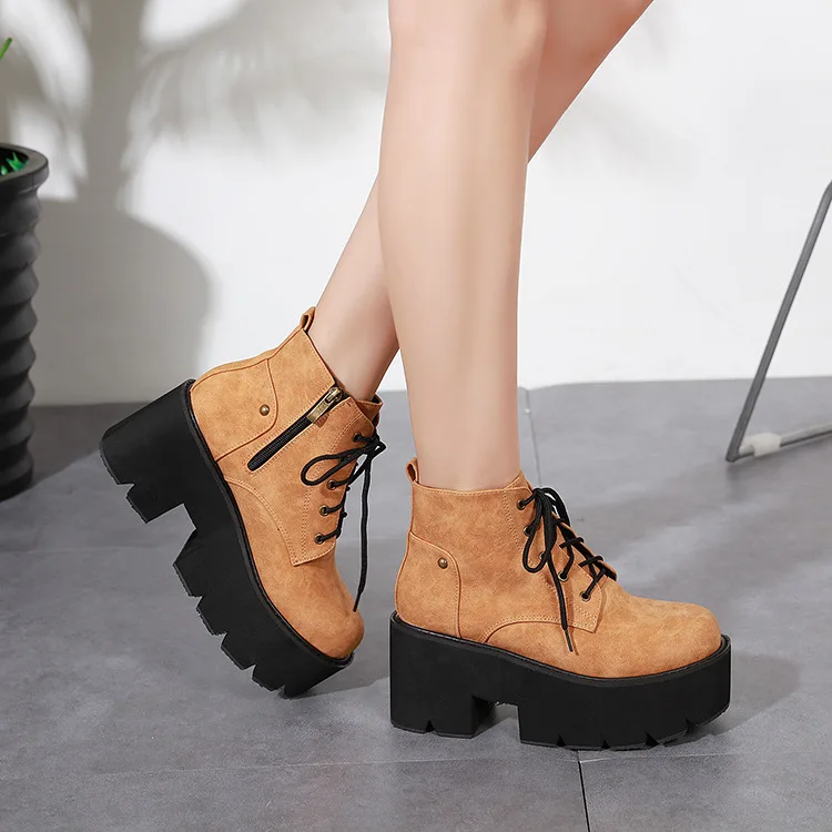 

White Ankle Boots Rock Shoes Woman Winter Footwear Lace Up Booties Ladies Luxury Designer Round Toe Chunky Heel Boots-women Low