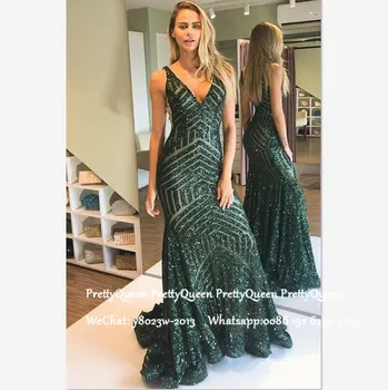 

Green Sequined Mermaid Evening Dress For Women Sexy Backless Deep V Neck 2020 Formal Long Prom Dresses Robe De Soiree