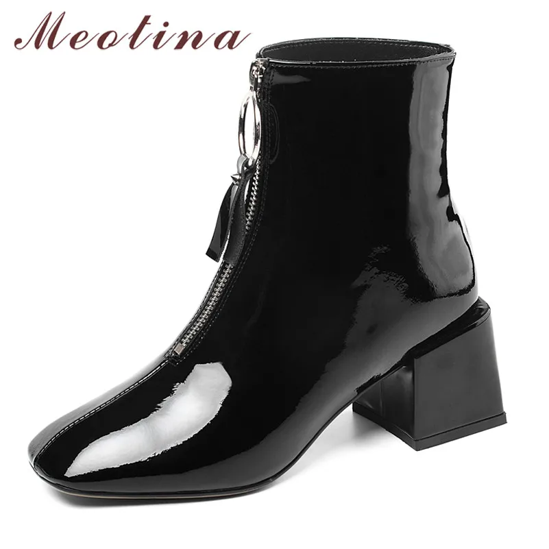 

Meotina Winter Ankle Boots Women Natural Genuine Leather Chunky High Heel Short Boots Zipper Square Toe Shoes Lady Autumn 34-39
