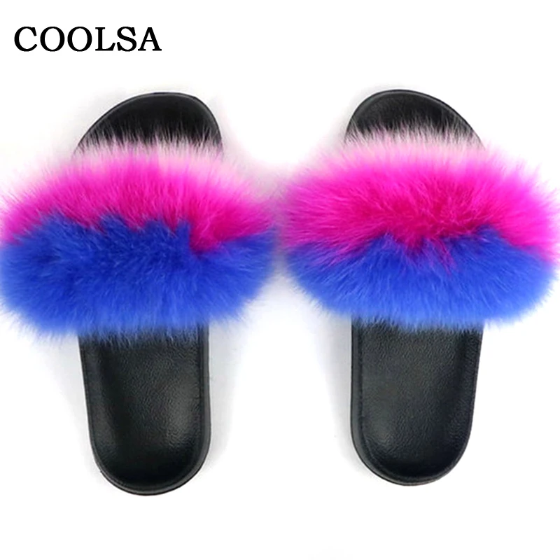 Coolsa/летние женские шлепанцы из лисьего меха; шлепанцы без задника с натуральным мехом; женские домашние Вьетнамки; повседневные сандалии с мехом; модная пушистая плюшевая обувь - Цвет: mixed color C
