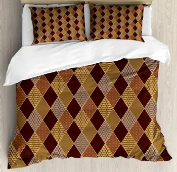

Earth Tones Duvet Cover Set Lozenge Pattern in Patchwork Style Striped and Floral Rhombus Brown Shades Decorative 3 Piece Bed