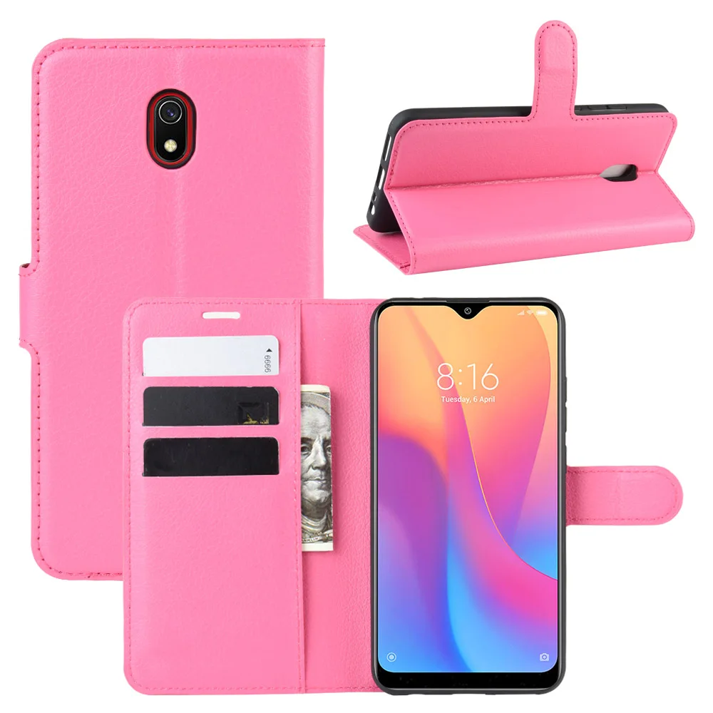 Розово-красный Чехол для Xiaomi Redmi 8, чехол для Redmi 8A, кожаный чехол-кошелек, чехол держатель для карт, чехол для телефона, черный чехол-книжка для Xiaomi Redmi 8 8a - Цвет: Розово-красный