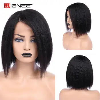 

Wignee Kinky Straight Lace Part Short Human Hair Wig For Black Women PrePlucked Natural Hairline Yaki Swiss Lace Cheap Human Wig