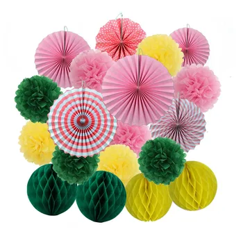 

Baby Boy Girl Birthday Party 19pcs/Set Green Yellow Tissue Pompoms Flower Wedding Anniversary Decor Mixed Size Pink Paper Fans