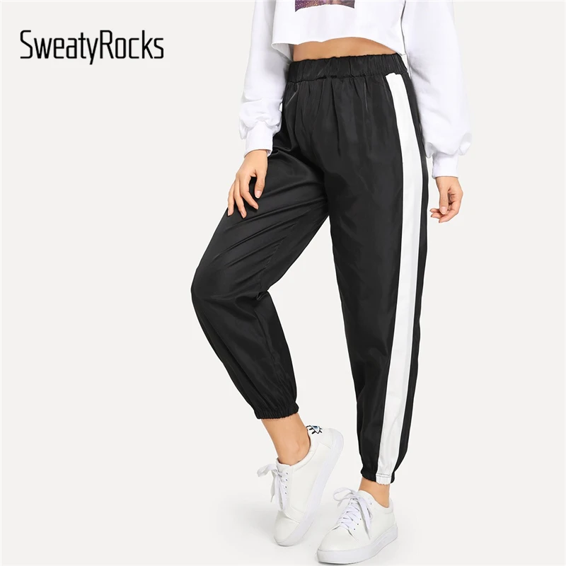 SweatyRocks контрастные ленты боковые брюки спортивная одежда для женщин Эластичный Талия черный брюки модные весенние повседневные длинные спортивные брюки