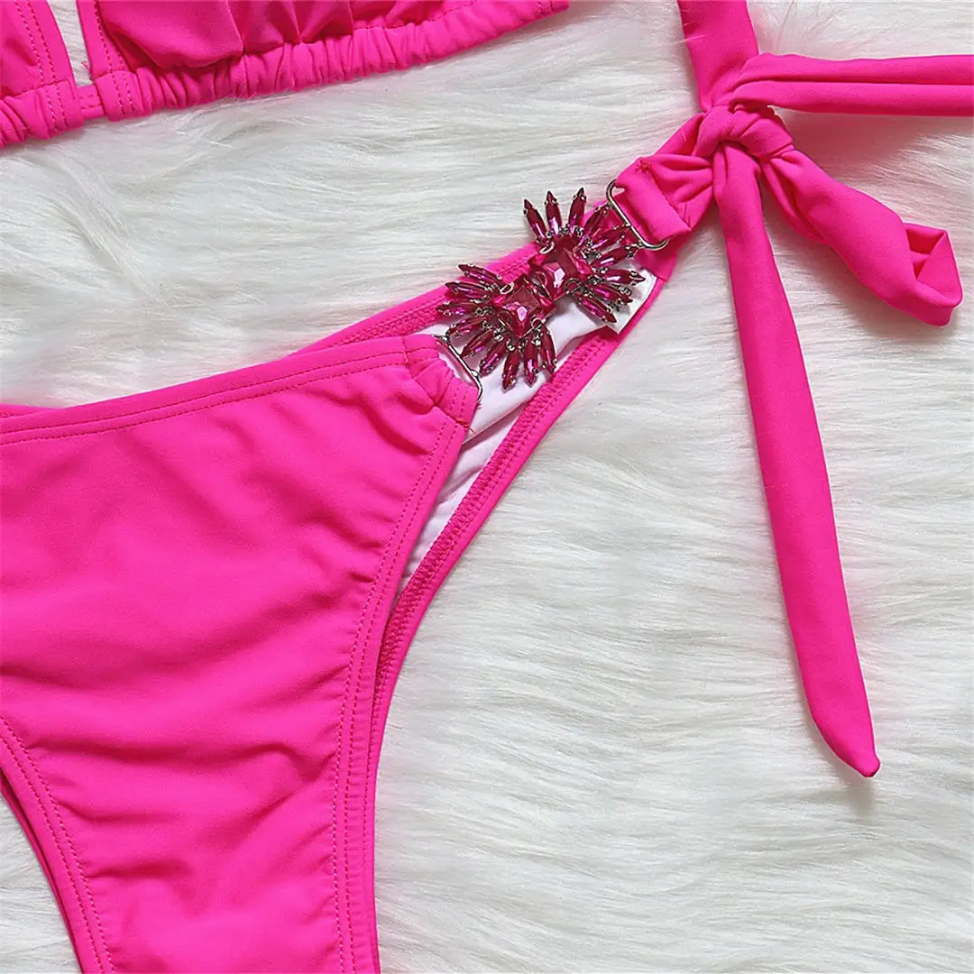 Sexy Shiny Jewel Halter Bikini Female Swimsuit Women Swimwear Two-piece Bikini set Luxury Diamond Bather Bathing Suit Swim V2451