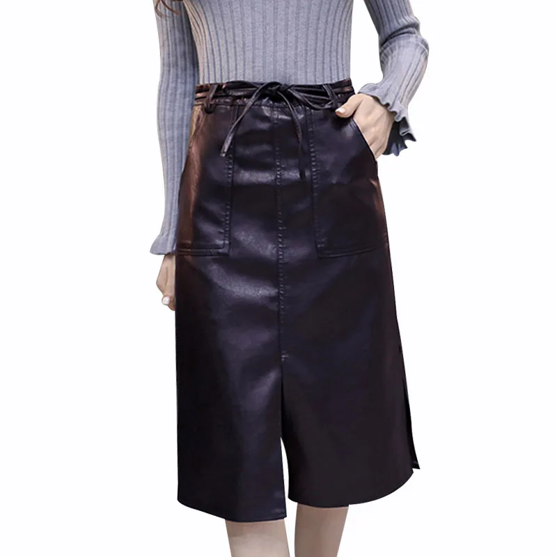 NORMOV, осенне-зимняя кожаная юбка для женщин, одноцветная, высокая талия, кружево, разрезная посылка, юбка на бедрах, Женская юбка средней длины с карманами
