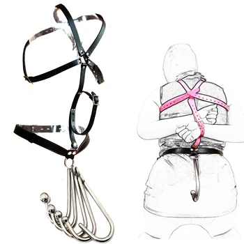 Adjustable PU Leather Handcuffs Chastity Belt With Stainless Steel Anal Hook Fetish BDSM Bondage Restraints Butt Plugs Sex Toys 1