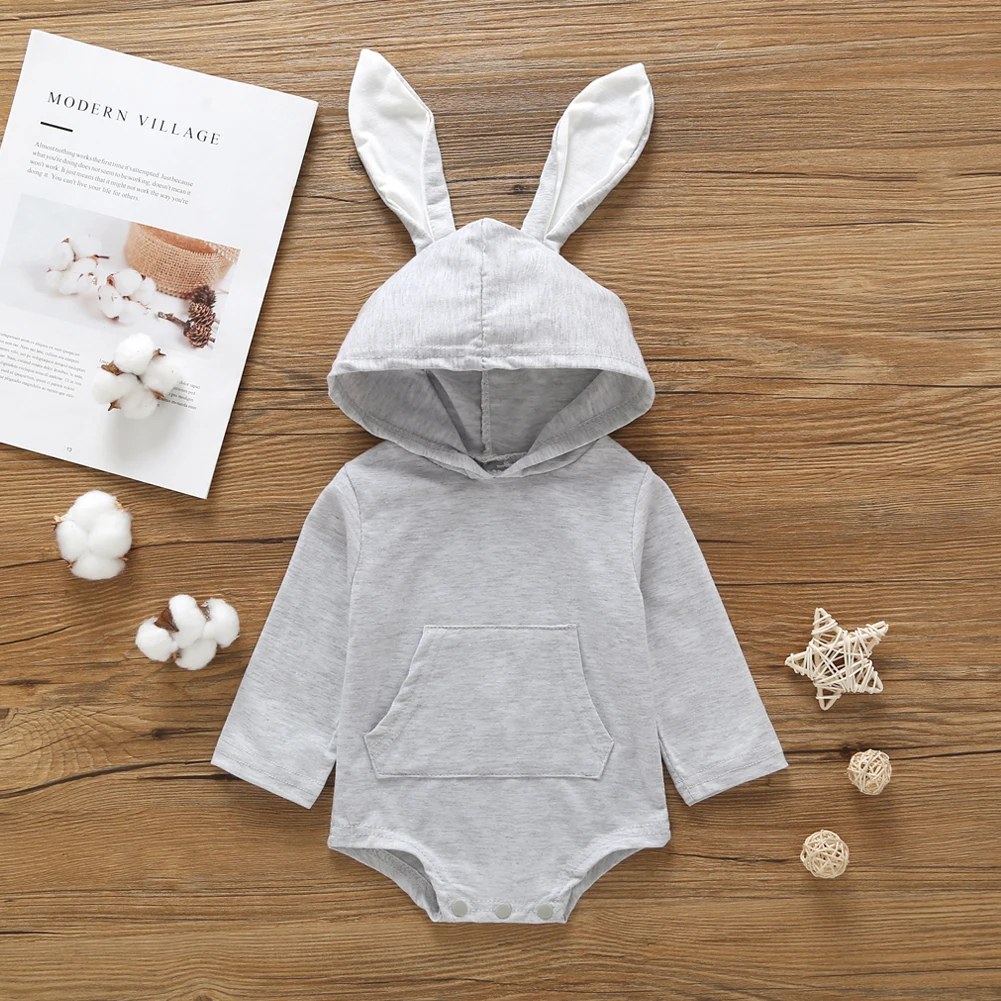 Осенне-зимние хлопковые комбинезоны для малышей, боди для мальчиков и девочек, милый кролик, бижутерия для ушей, Одежда для новорожденных детей 0-2 лет