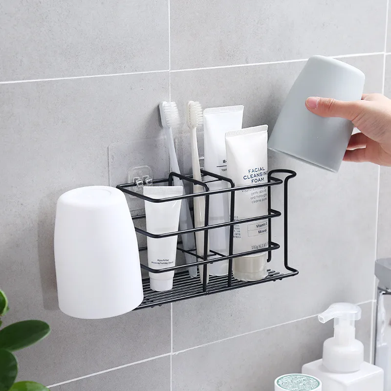 

Wall-Mounted Shower Shelves Metal Storage Rack Toothpaste Toothbrush Holders Punch-Free Cup Shelf Kitchen Bathroom Accessories
