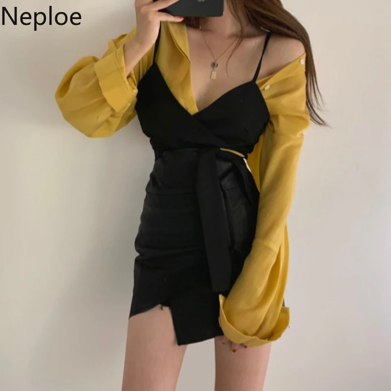 Neploe, шикарная, Ретро стиль, тонкая талия, на шнуровке, блузка, отложной воротник, длинный рукав, на пуговицах, одноцветная, Blusas, осень, весна, новинка, рубашка