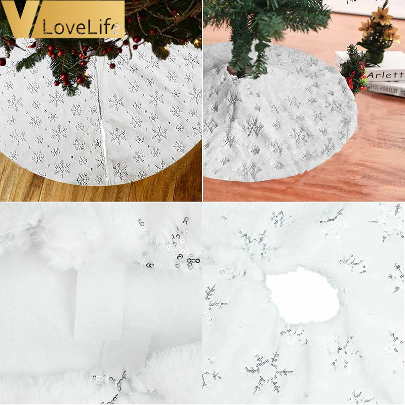 90/122cm Gold Silver White Tree Skirt Christmas Flannel Embroidered Snowflake Christmas New Year Home Decoration Tool