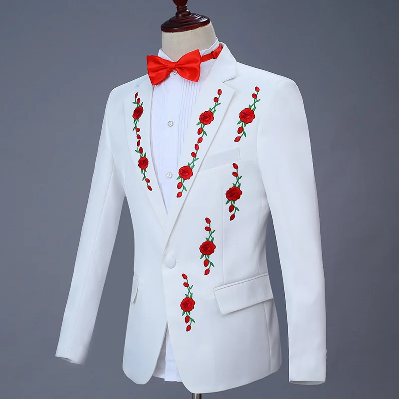 Red Rose Embroidery Man White Groom Wedding Suit Jacket with Pants Chorus Stage Performance Costumes Slim Fit Male Blazer Sets