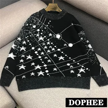 

2019 New Autumn and Winter Women's Long-sleeved Pullover Sweaters Female Casual Moon and Stars Printed Knitwear Loose Tops