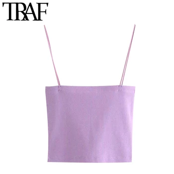 

TRAF Women Sexy Fashion Stretch Knitted Cropped Camis Tank Vintage Thin Straps Summer Female Shirts Chic Tops