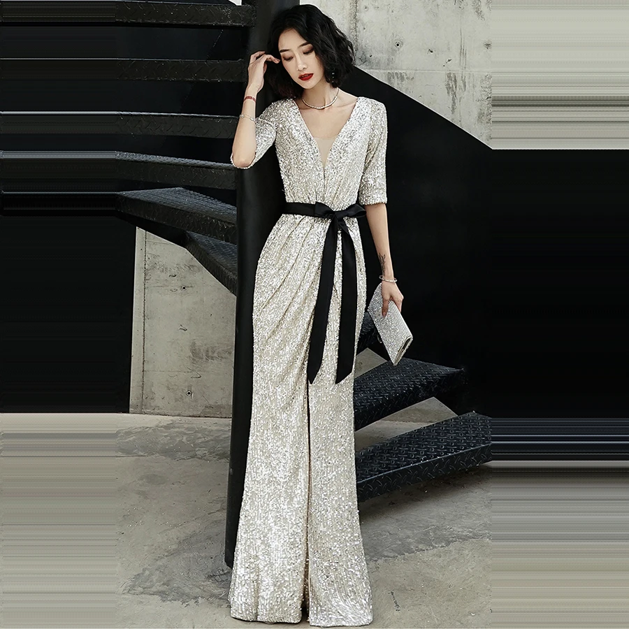 Это Yiiya Вечерние платья Русалка v-образным вырезом Robe De Soiree K008 Половина рукава блесток размера плюс Формальное вечернее платье для женщин