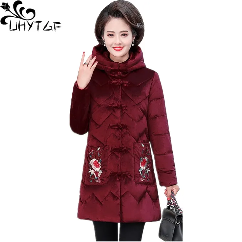 UHYTGF Women's winter jacket Hooded thick warm Parker women Fashion embroidered loose 5XL plus size cotton coat parkas mujer 531