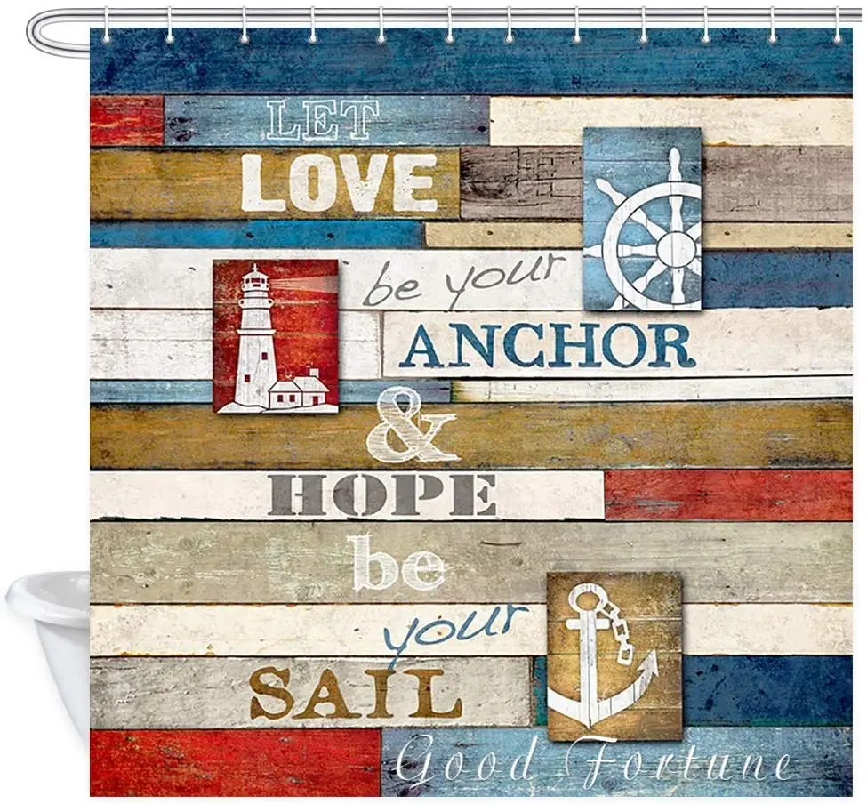 

Nautical Decor, Inspirational Motto Of Rustic Wood Panels, Waterproof Polyester Fabric Shower Curtain Bathroom Décor