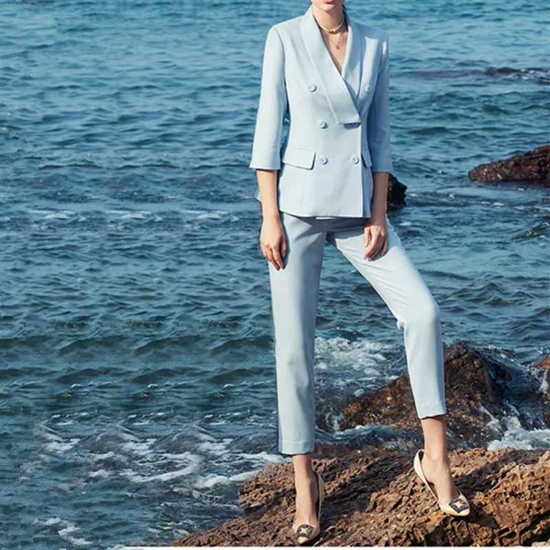 

Women's suit sky blue women's double-breasted suit 2 sets (jacket + pants) women's casual professional wear custom made
