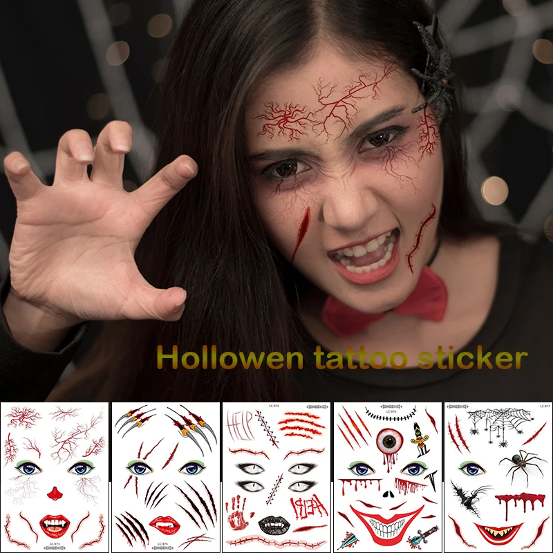 

Temporary tattoo sticker for Halloween Masquerade party fake eyes mouth blood hold scar pattern face fake tattoo sticker RA035