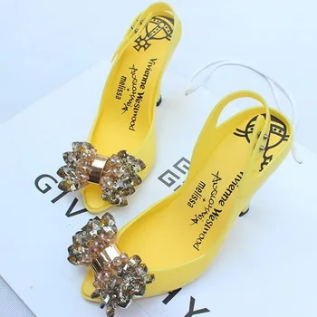 

Womens Open Toe Bowknot Rhinestones Crystal Stilettos High Heel Pumps Slingback Sandals Jelly Shoes Sexy Summer Sweet C1034