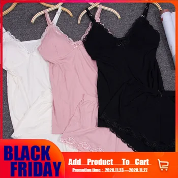 

Removable Chest Pad Pajamas Cotton Suit Underwear Lace Suspender Home Two - Piece Set Solid Sleeveless V-neck Shorts One Size