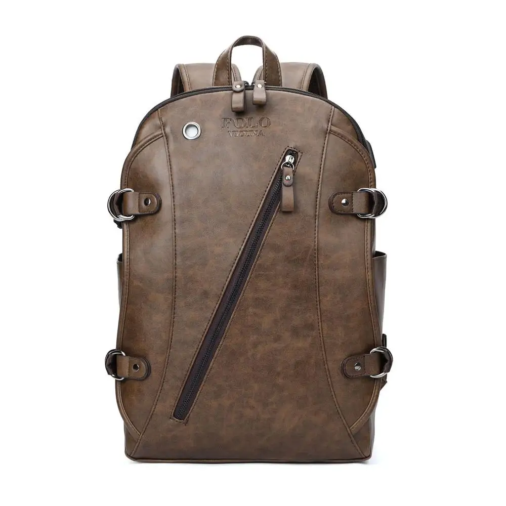 brown VICUNA POLO, мужской кожаный повседневный брендовый рюкзак с USB интерфейсом, Сумка с отверстием для наушников, мужской Школьный Рюкзак Для Путешествий, рюкзак для ноутбука - Цвет: brown