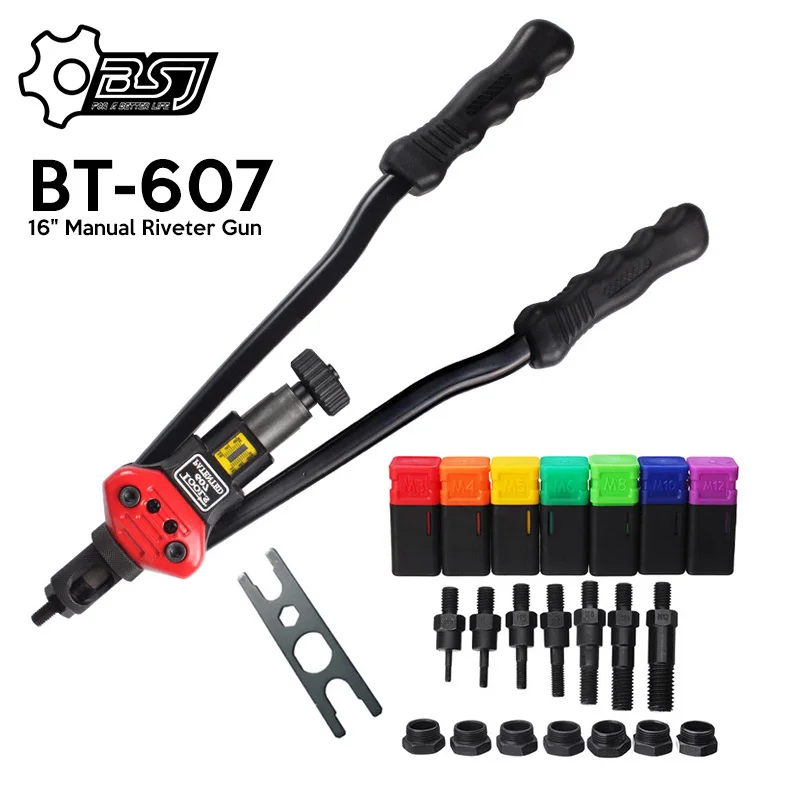 BT-607 16 Manual Riveter Gun Hand Rivet Tool Kit Rivet Nut Setting Tool Nut Setter M3/M4/M5/M6/M8/M10/M12 subbaorivet bt 603 manual rivet tool rivet nut setting tool nut setting device manual rivet machine with mandrel m3 m4 m5 m6