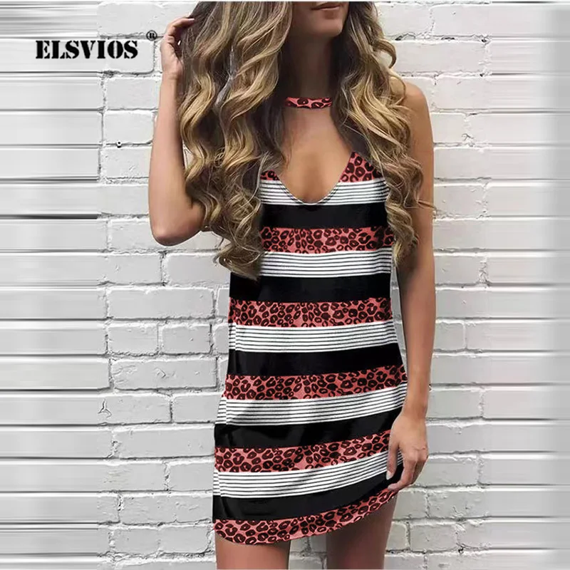 

Leopard Stripe Print Sleeveless Vest Dress 2021 Summer Fashion O-Neck A-line Short Robe Women Sexy Hollow V-Neck Casual Vestidos