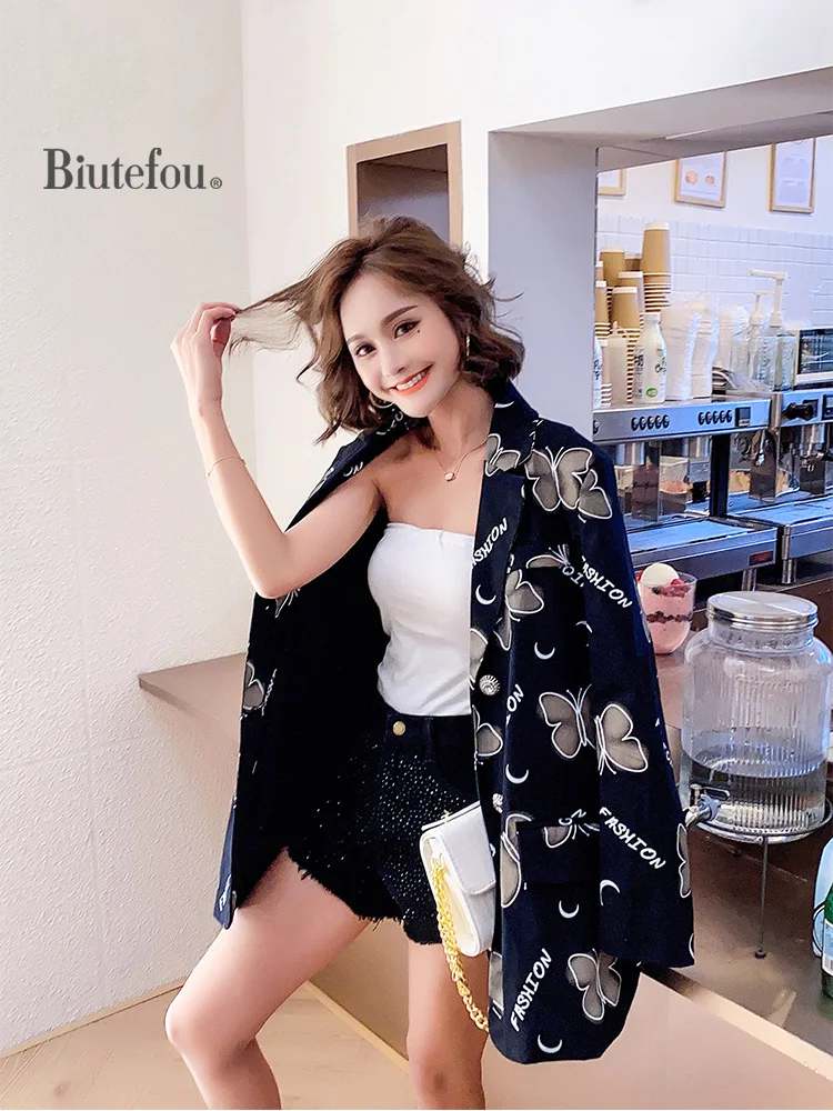 

2020 Autumn print long jacket women new arrival chic Blazers