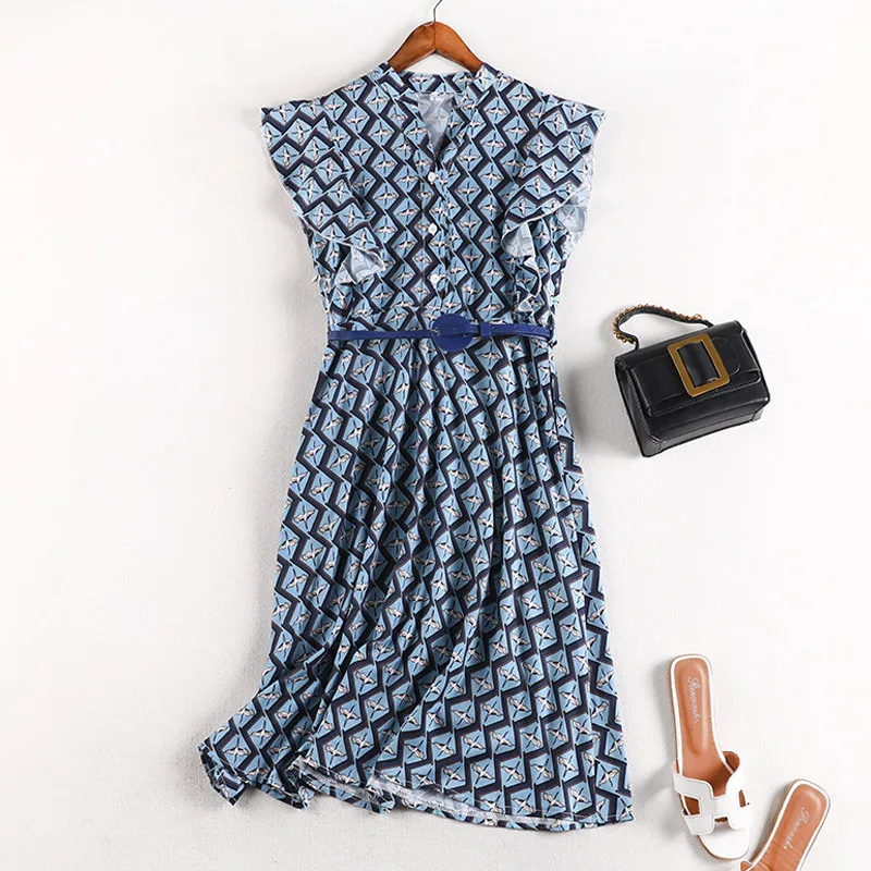 Lan Mu Square Fat Mm Chiffon Dress Large Size Dress Summer Fashion V-neck A- line Skirt zi yang Gas Summer Wear 10539