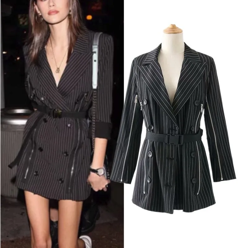 

Autumn New Style Europe And America WOMEN'S Dress-Style Stripes Retro Belt Zipper Suit Jacket W2306