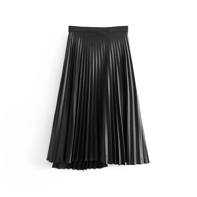 Черная плиссированная юбка из искусственной кожи, уличная Асимметричная рубашка миди с поясом, Осень-зима, винтажная элегантная офисная юбка