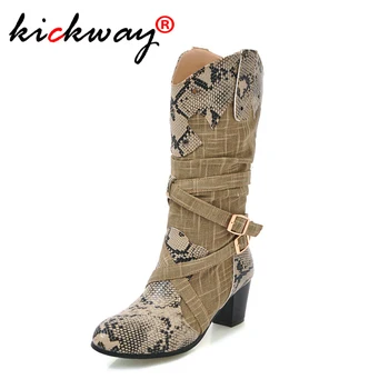 

Western Mid Calf boots for women round toe autumn winter cowboy boots slip-on cowgirls boots patchwork shoes woman Plus Size 10