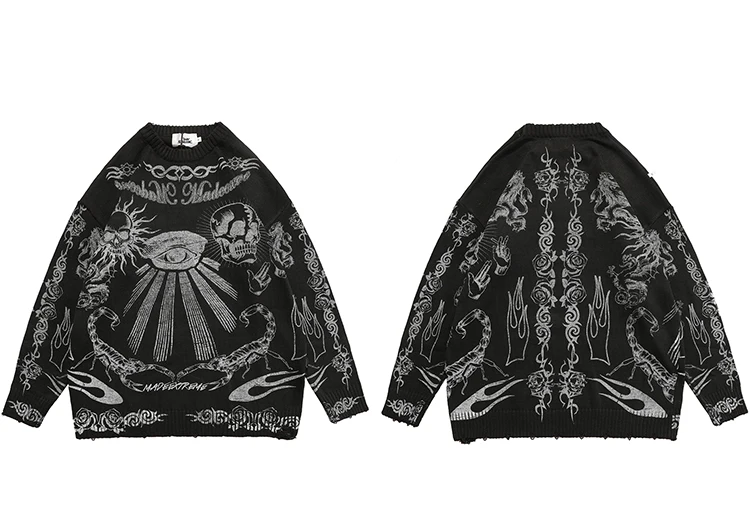 2021 Hip Hop Knitted Sweater Streetwear Rose Eye Scorpion Print Ripped Pullover Men Harajuku Cotton Casual Autumn Sweater Skull