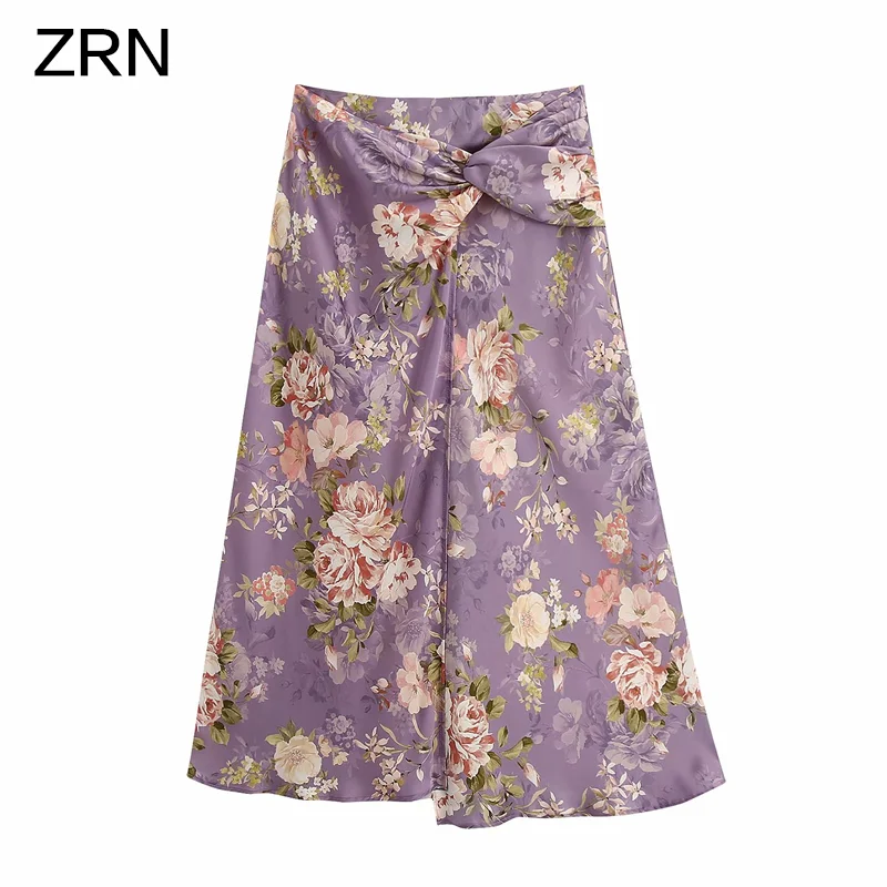 ZRN Women's flower print high waist slim split skirt summer Satin thin mid length | Женская одежда