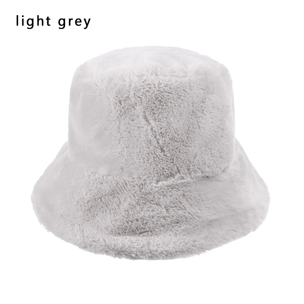 light grey Зимняя шапка-ведро из искусственного меха для женщин и девочек, модная утолщенная мягкая теплая шапка для рыбалки, Женская Повседневная шапка для отдыха на открытом воздухе - Цвет: light grey