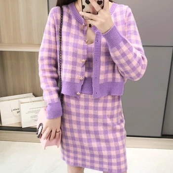 

2020 New Korean Japanese Autumn Cute Kawaii Small Fresh Plaid Knitted Sling Cardigan Sling Skirt Three-Piece Suit Women Set T382