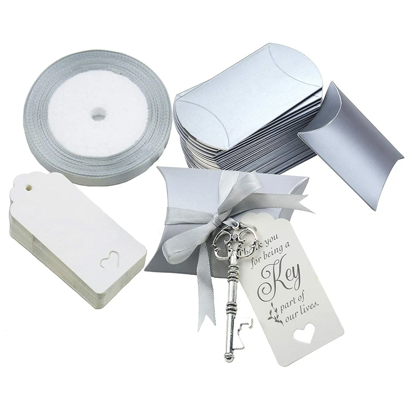 50Pcs Wedding Candy Souvenir Gift Set Pillow Candy Box Vintage Skeleton Key Opener French Ribbon