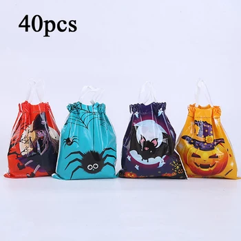 

40Pcs Plastic Halloween Candy Bag With Handle Trick Or Treat Bags Drawstring Bag Halloween Pumpkin Bag Ghost Pattern Cookie Bag