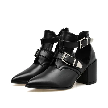 

2020 Fashion Woman Black Pointed Toe Leather Buckle Strap Botines Double Buckle Square Chunky Heels Shoes Motorcycle cowboy boots designer woman shoes