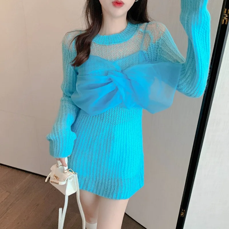 Шикарный свободный пикантный свитер с круглым вырезом трикотажный синий топ