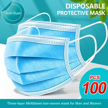 

In stock 3-layer filter mask100pcs non-woven Face Masks Disposable Anti-Dust Masks Breathing Earloops Masks for Men and Women