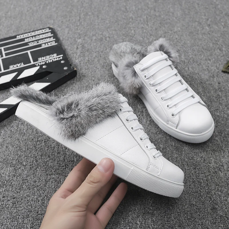 Меховые шлепанцы на шнуровке; Zapatos De Mujer; коллекция года; белые кожаные шлепанцы; новая обувь на плоской платформе; женские повседневные туфли без задника